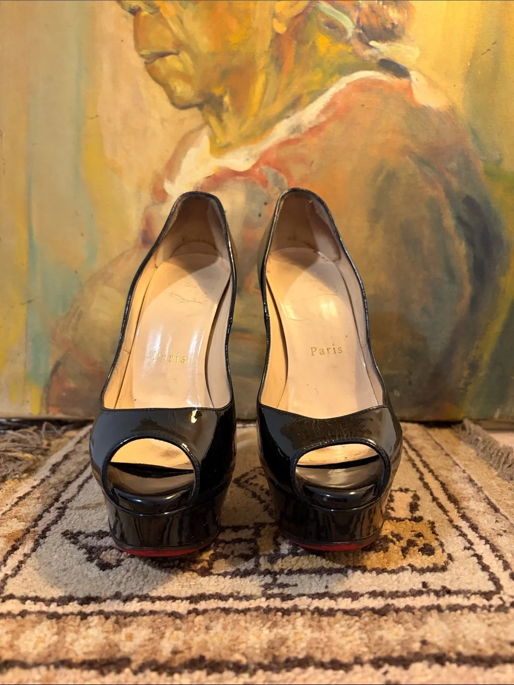 Christian Louboutin Black Patent Peep-Toe Platform Pumps SZ 36.5